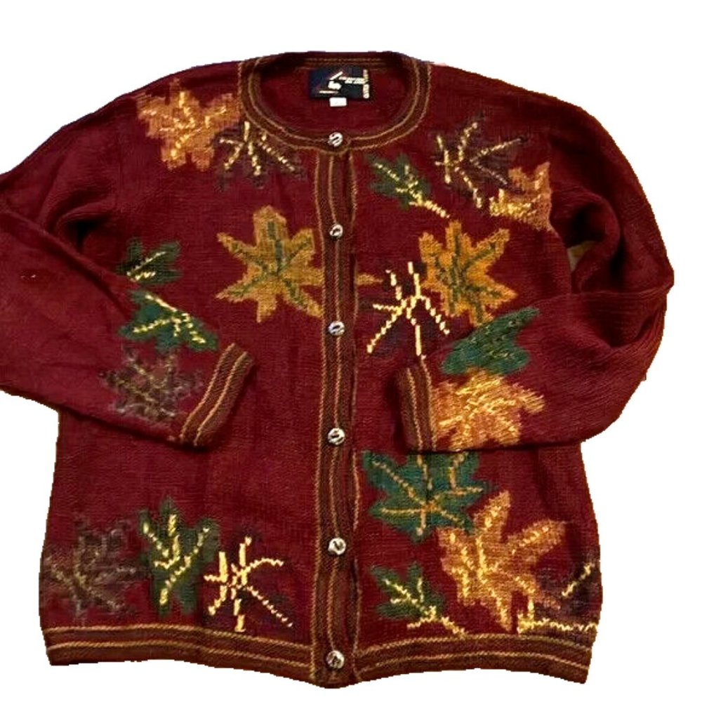 Colecciones Del Ande Andean alpaca burgundy leaves cardigan women size Large